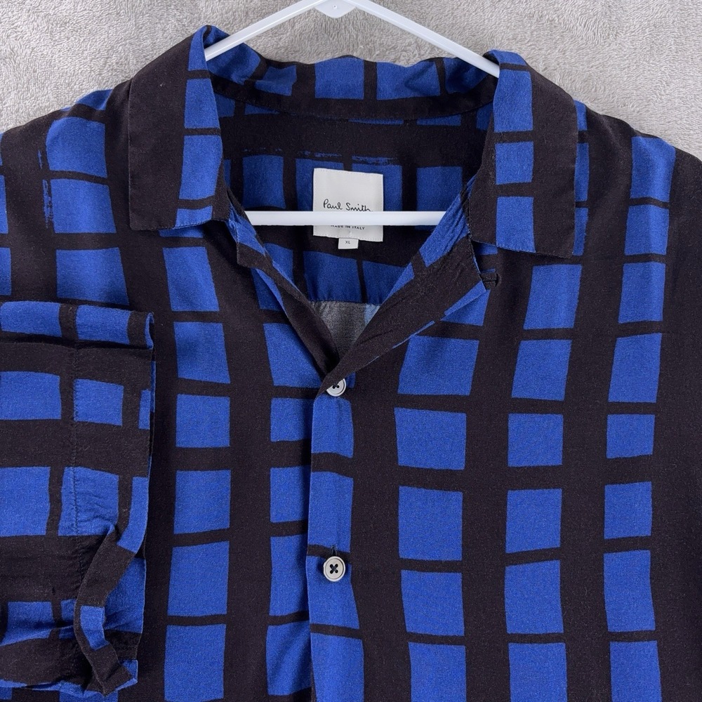 Paul Smith Camp Shirt Mens Size XL‎ Blue Black Geo Box Short Sleeve Casual